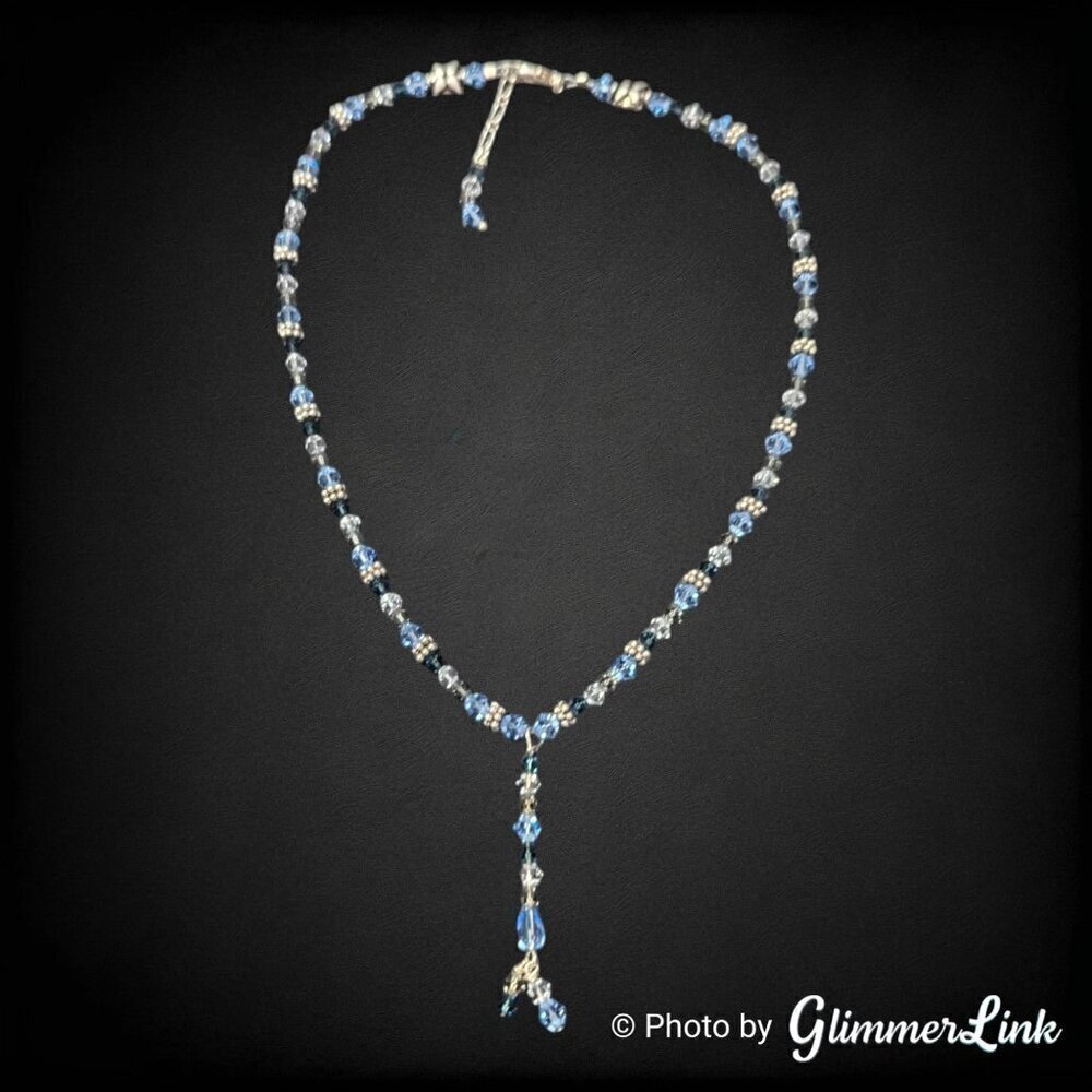 Blue Crystal Beaded Y Drop 925 Sterling Silver Necklace